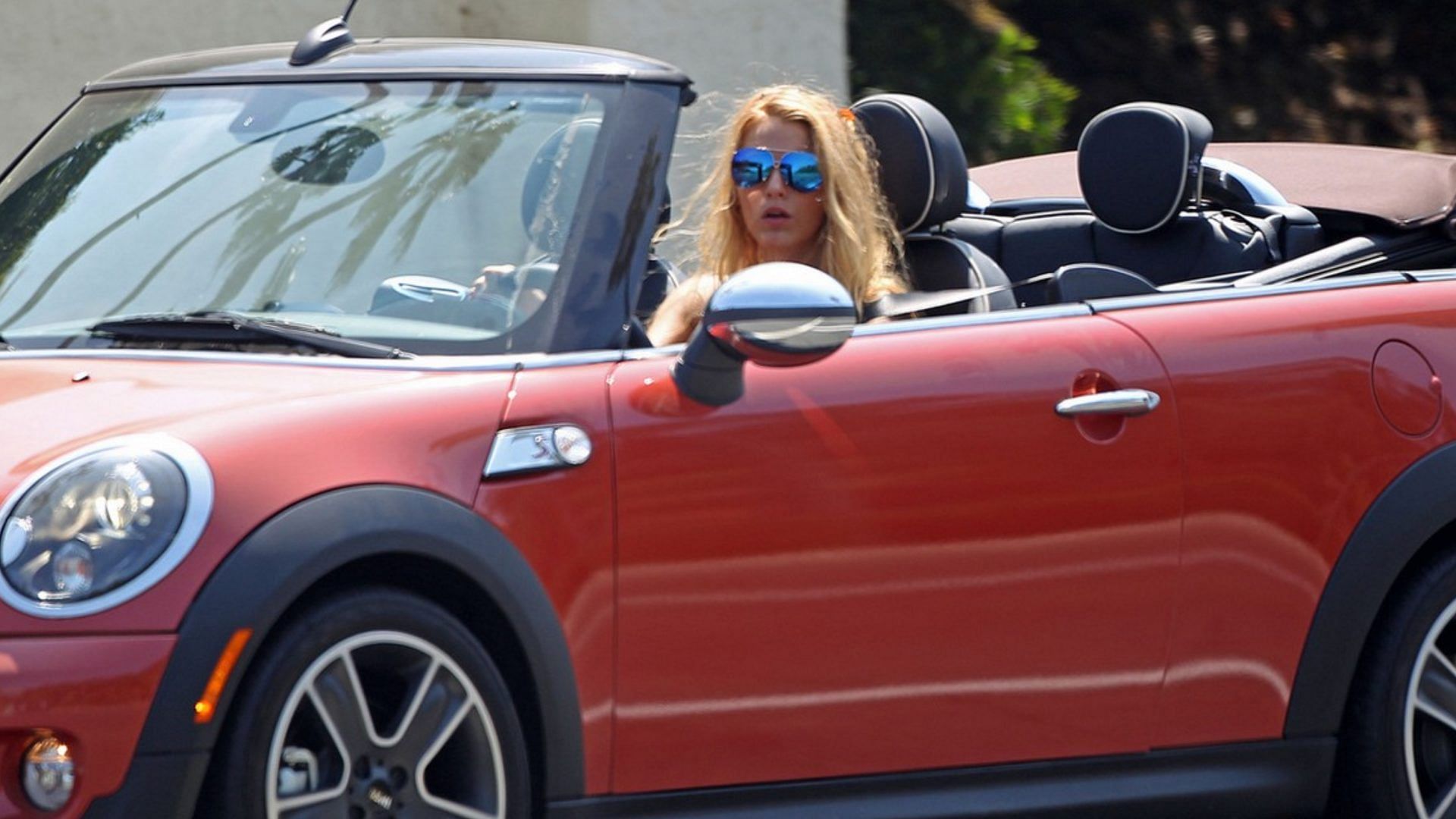 Blake Lively driving her Mini Cooper Convertible