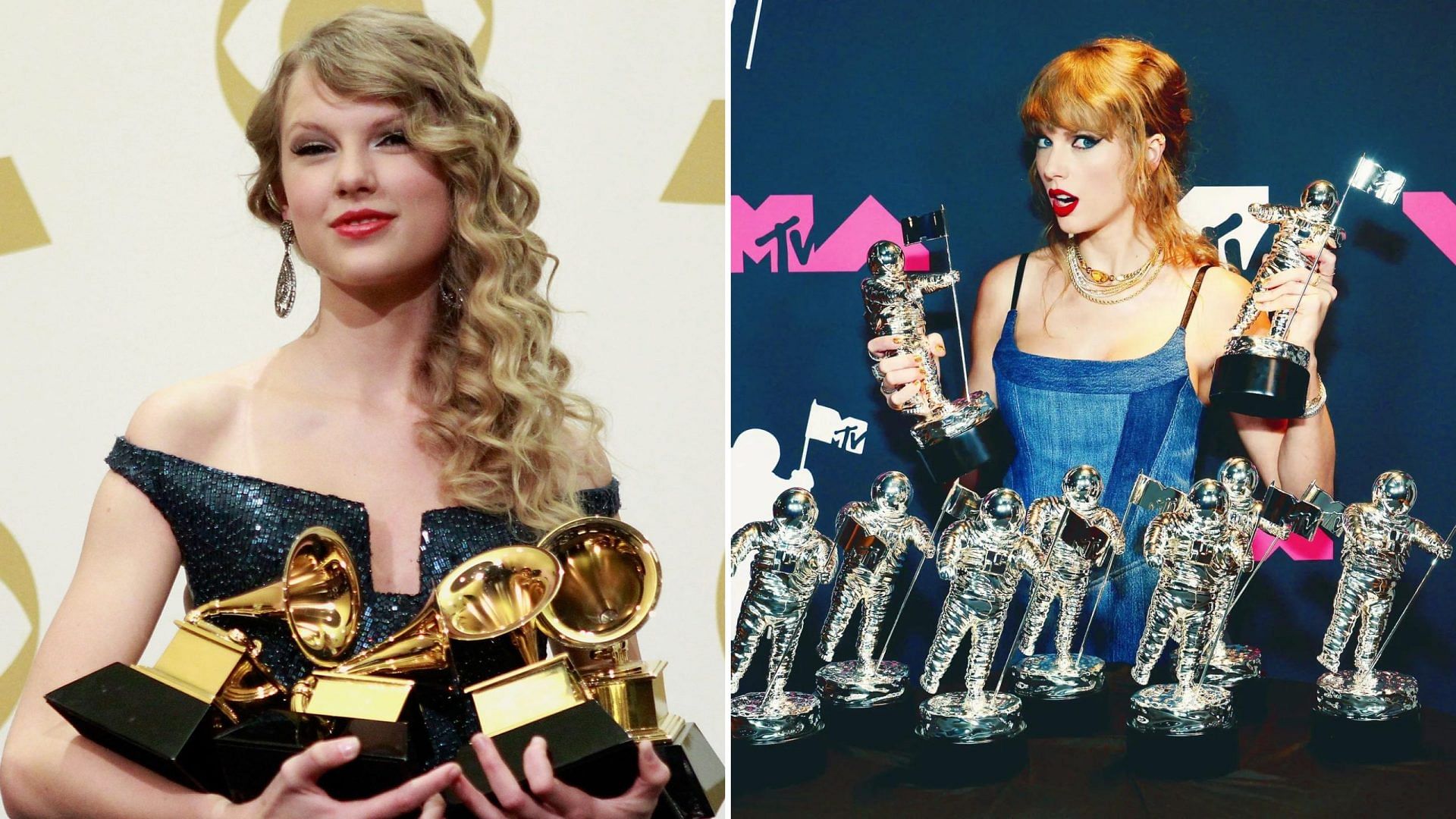 Taylor Swift with her Grammys and MTV Video Music Award