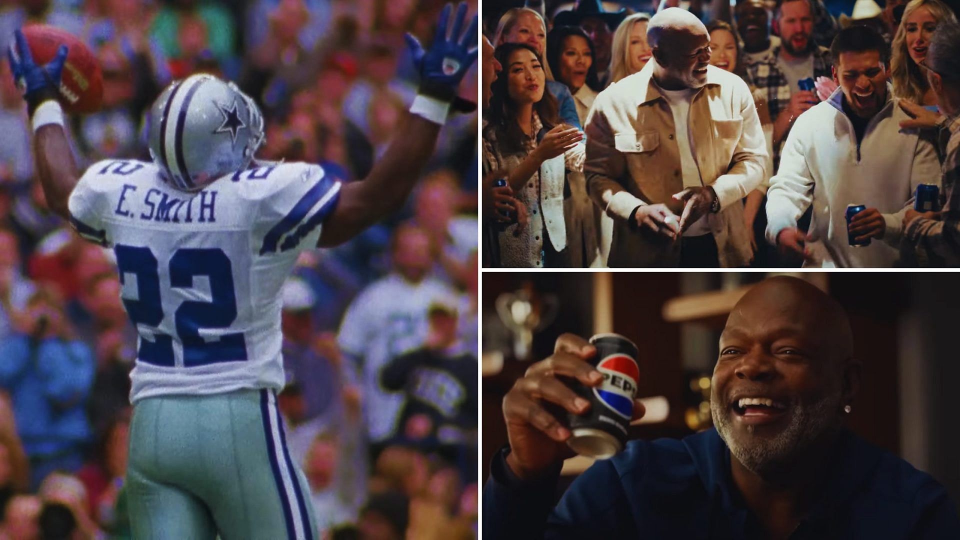 Emmitt Smith playing for the Dallas Cowboys, in a Bud light ad and in a Pepsi ad
