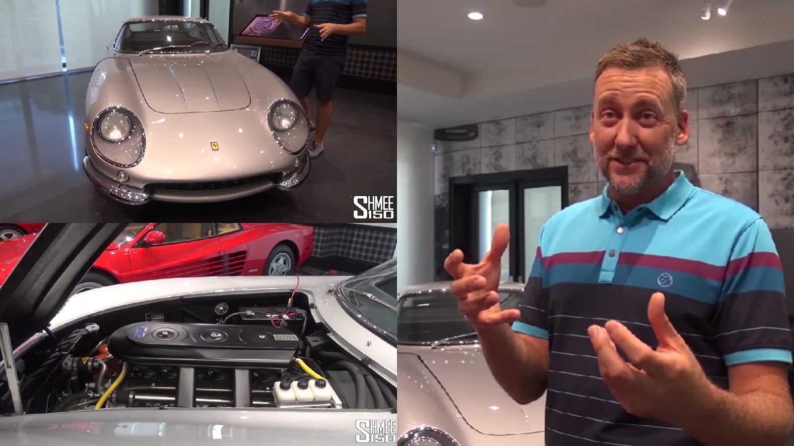 Collage of Ian Poulter with his grey 1967 Ferrari 275 GTB