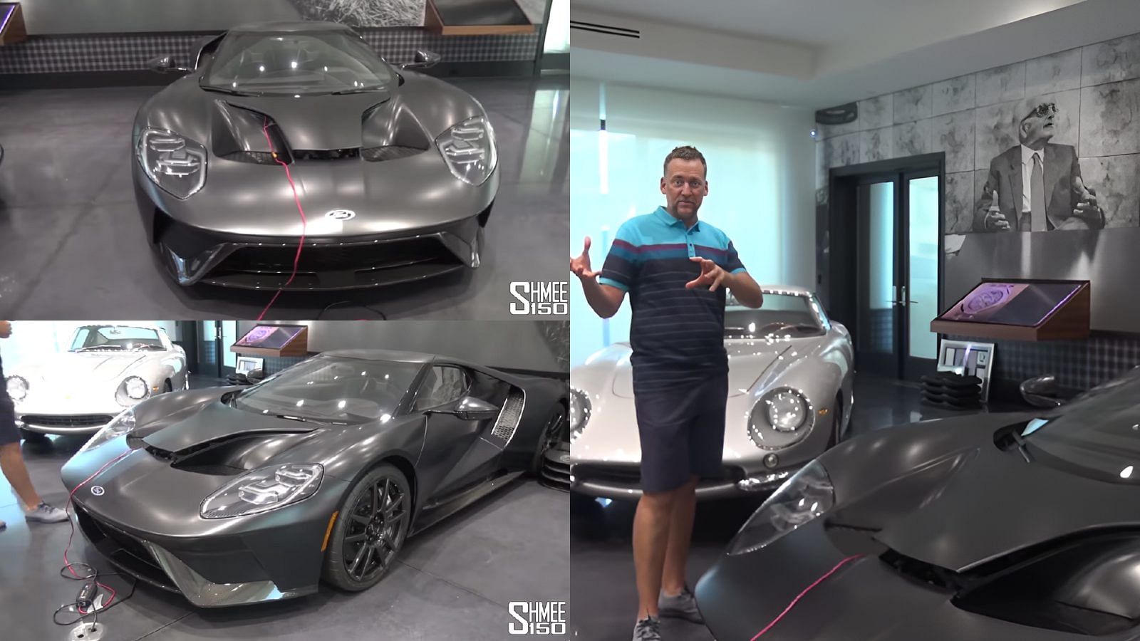 Collage of Ian Poulter with his grey 2017 Ford GT