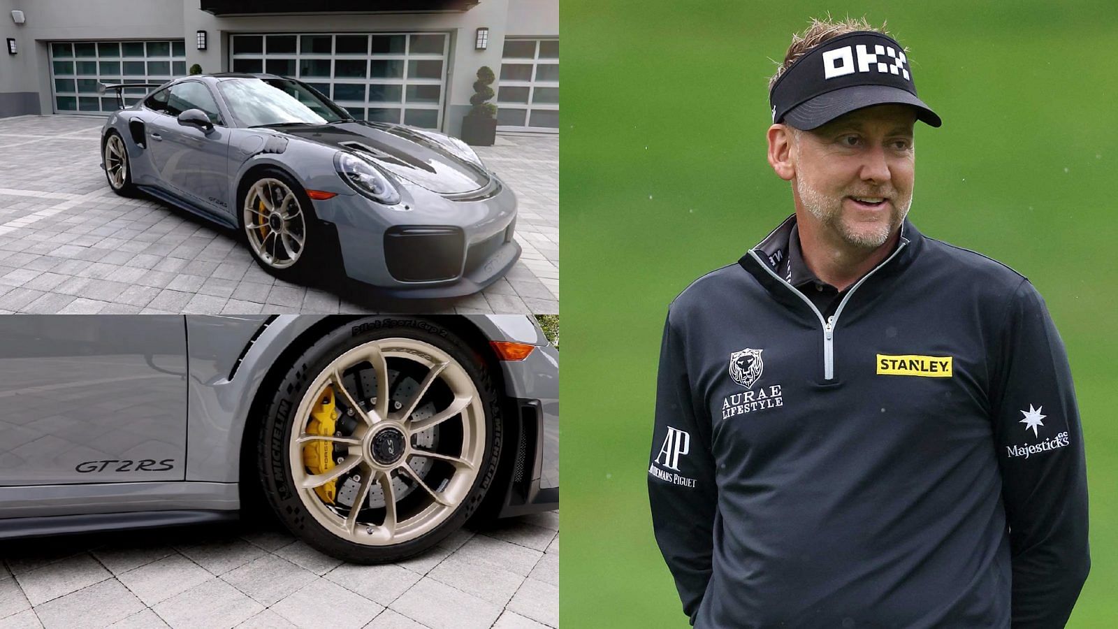 Collage of Porsche 911 GT2 RS on the left with Ian Poulter on the right