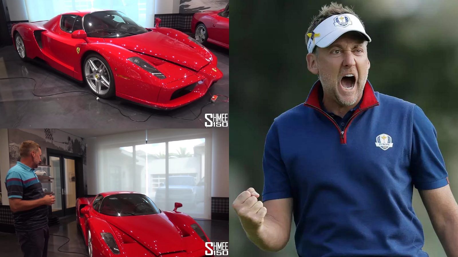 Collage of Ian Poulter with his red 2002 Ferrari Enzo