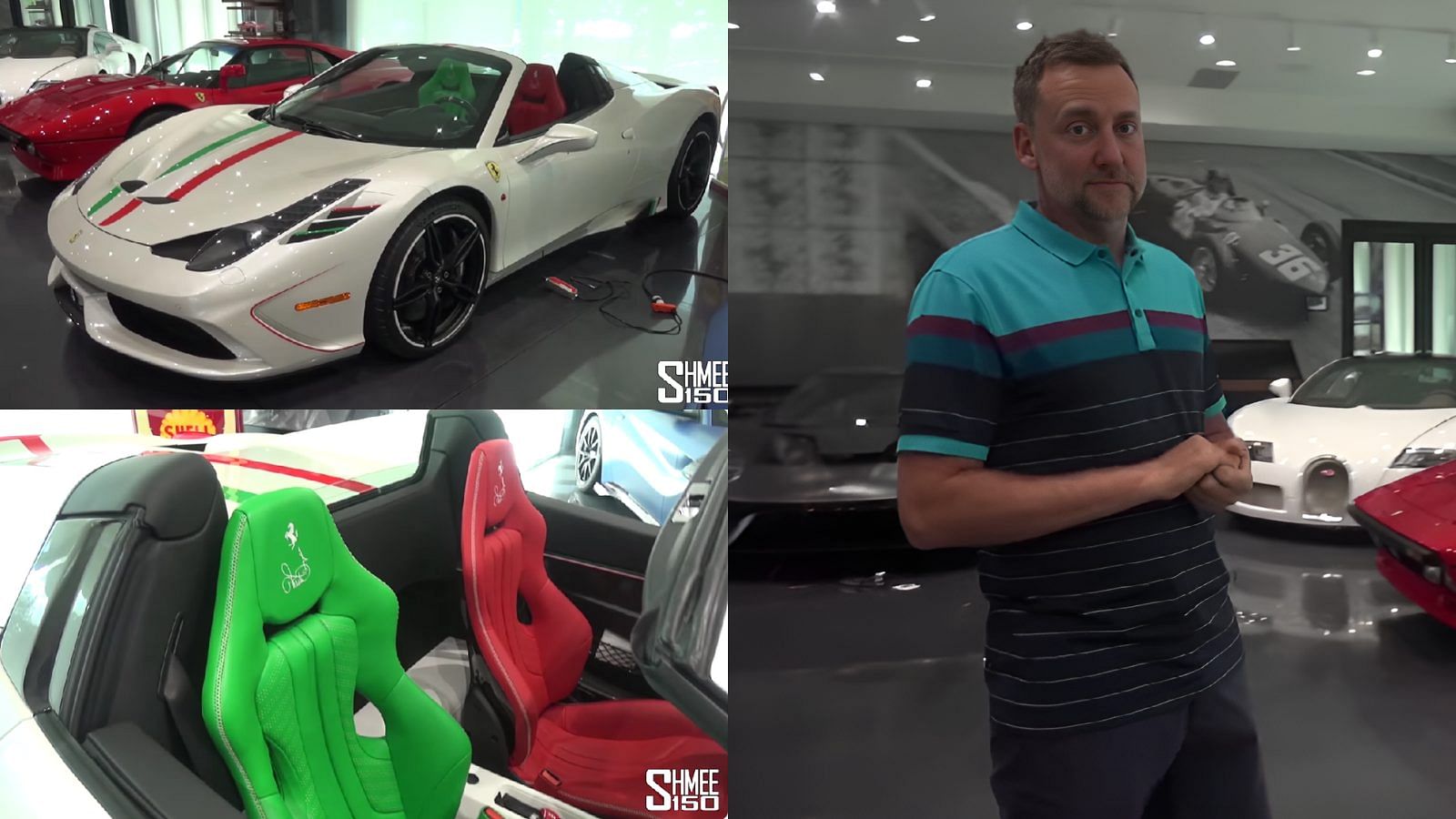 Collage of Ian Poulter with his white 2015 Ferrari 458 Speciale