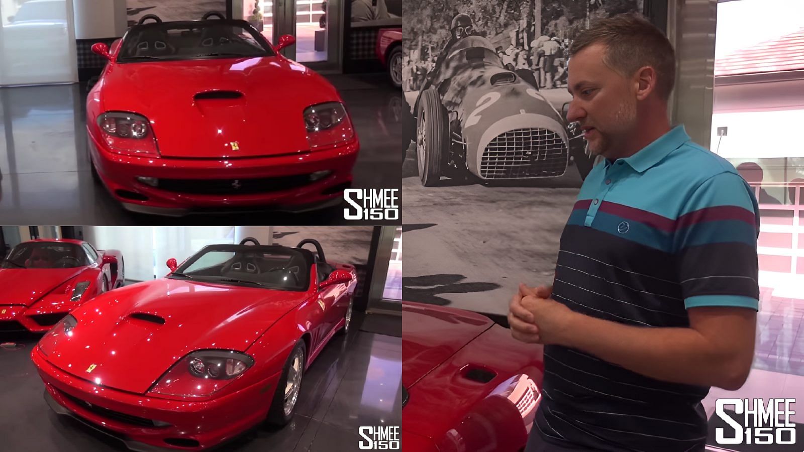 Collage of Ian Poulter with his red Ferrari 550 Barchetta Pininfarina