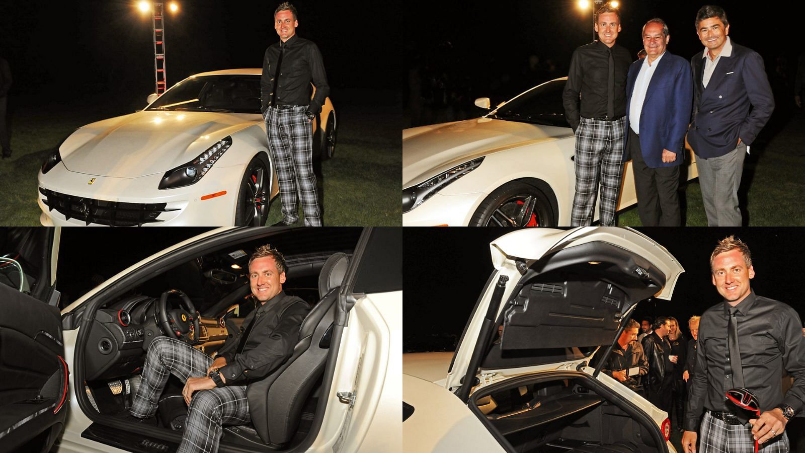 Collage of Ian Poulter with his white 2012 Ferrari FF