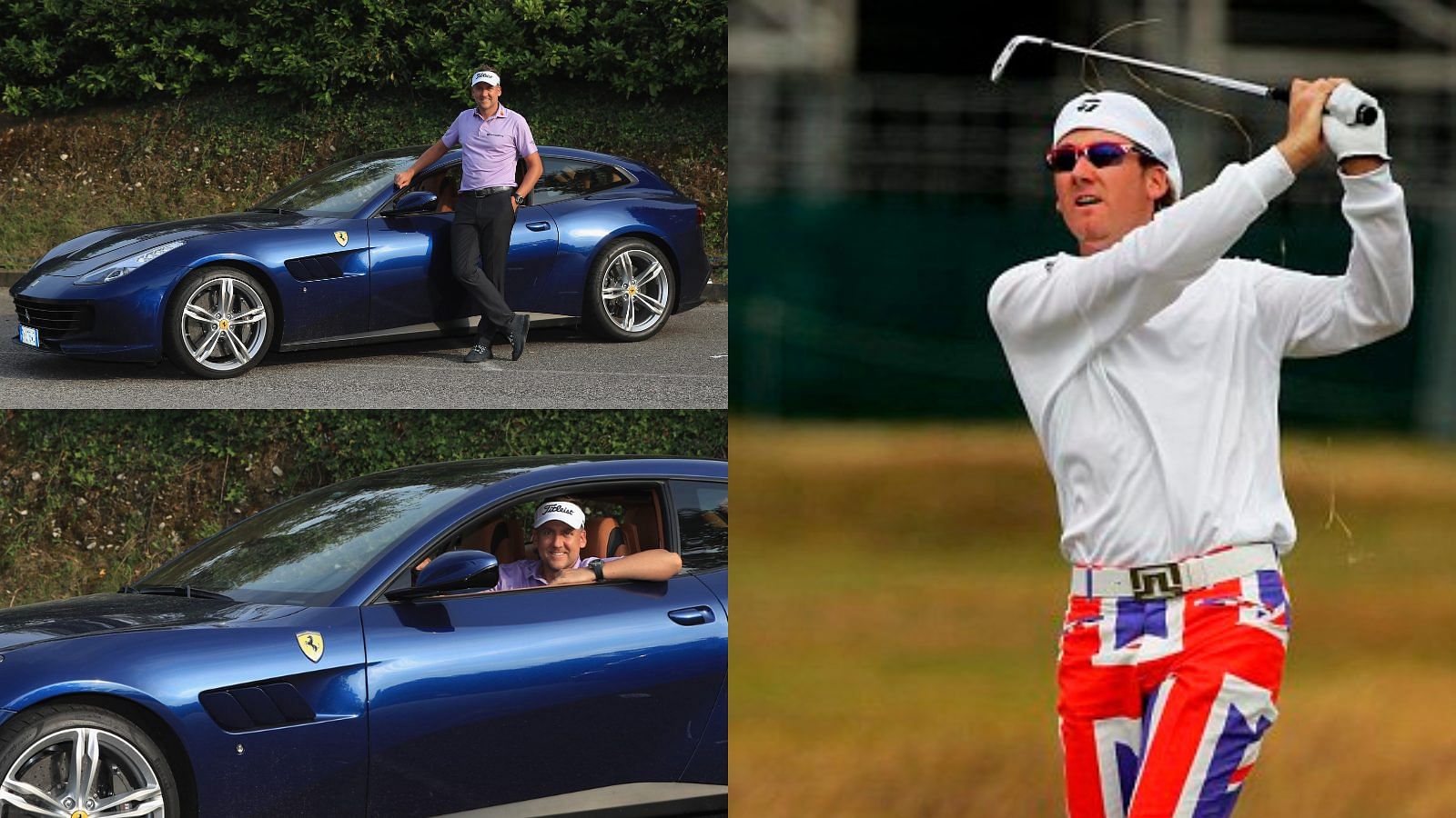 Collage of Ian Poulter with his navy blue Ferrari GTC4Lusso