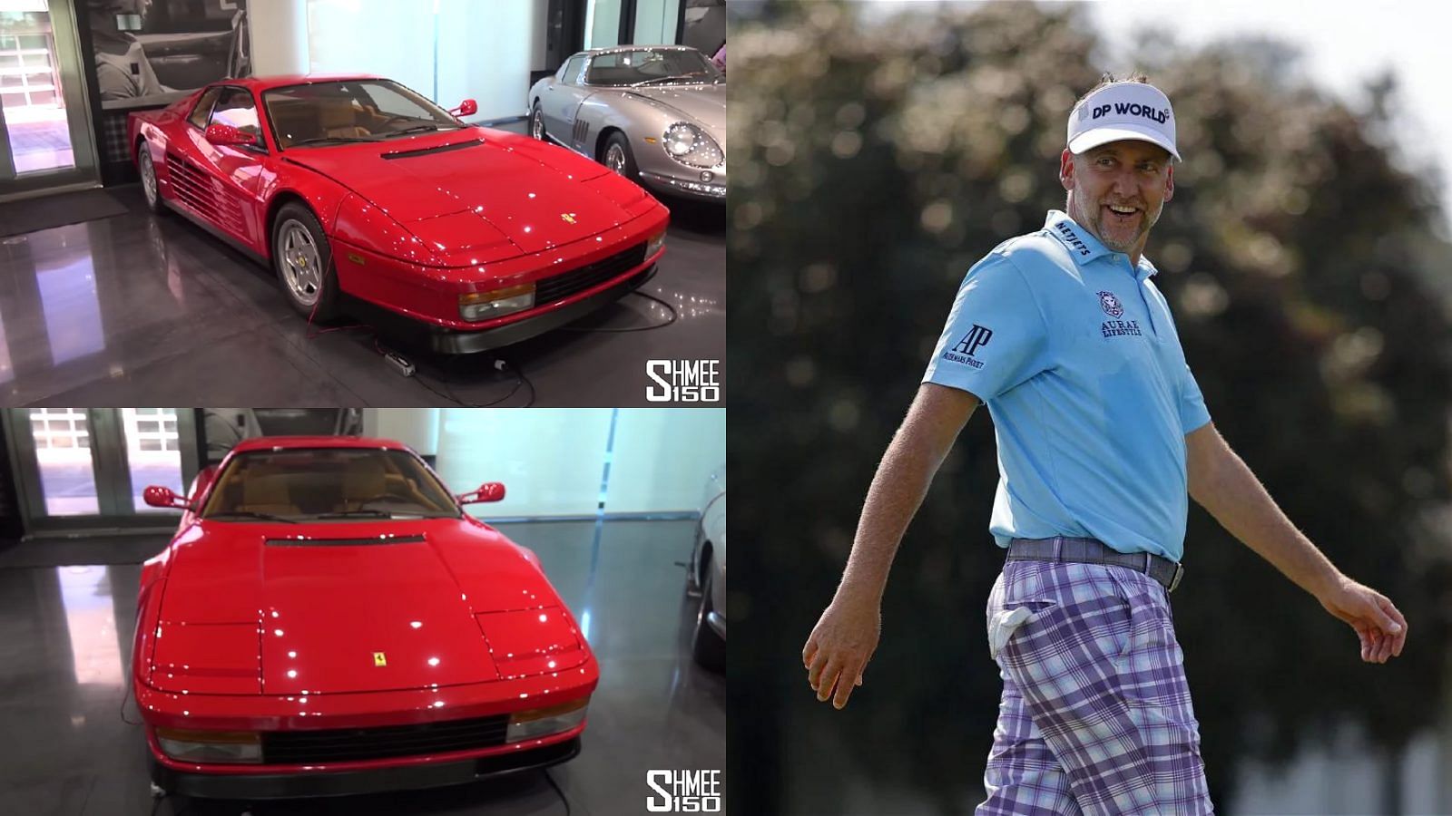 Collage of Ian Poulter with his red 1990 Ferrari Testarossa