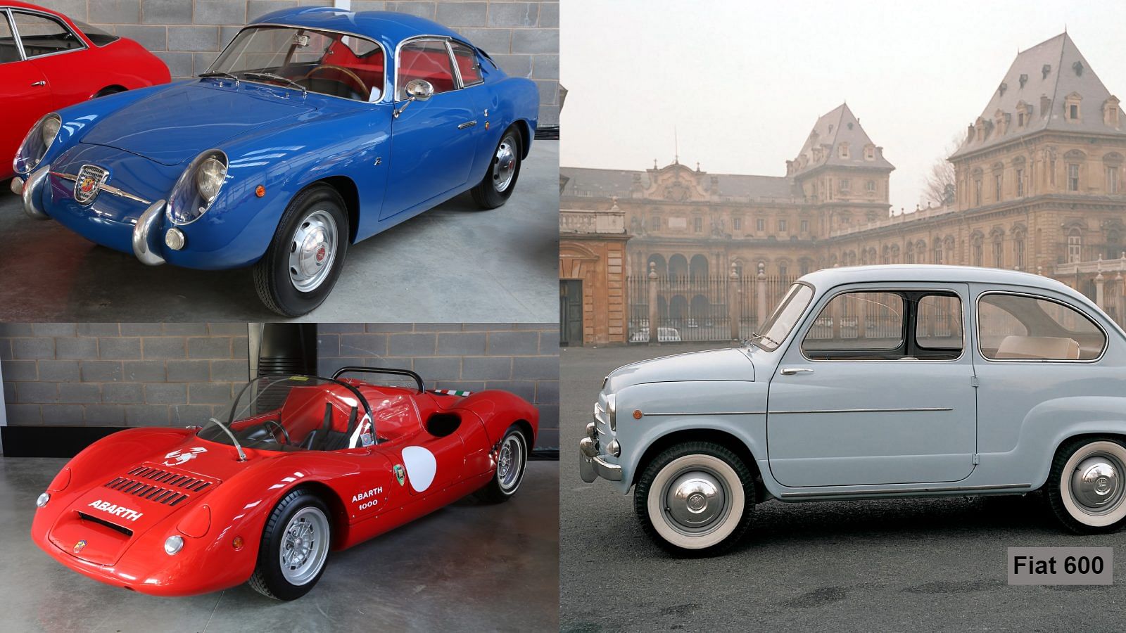 A collage of Gordon Murray's blue Fiat-Abarth 750 GT Zagato, red Fiat-Abarth 1000 SP, and a grey Fiat 600