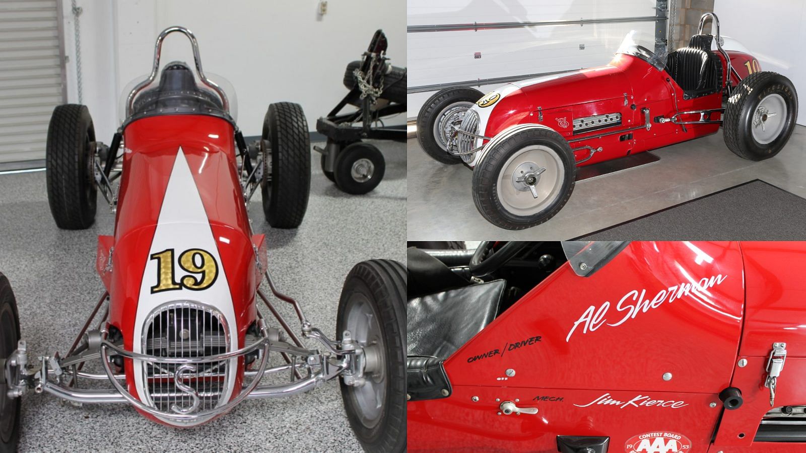 A collage of Gordon Murray's red and white Sprint Car