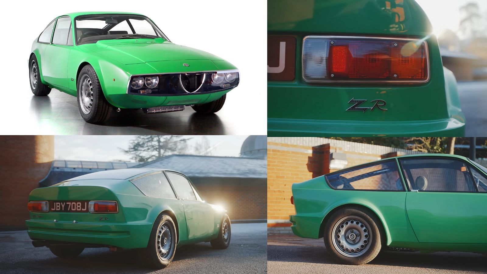 A collage of the exterior of Gordon Murray's green Alfa Romeo 1600 Junior Zagato