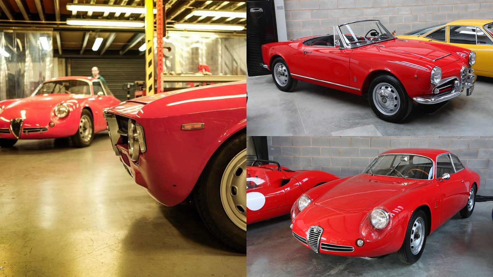 A collage of Gordon Murray's red Alfa Romeo Giulietta Sprint Zagato and Alfa Romeo Giulia Spider