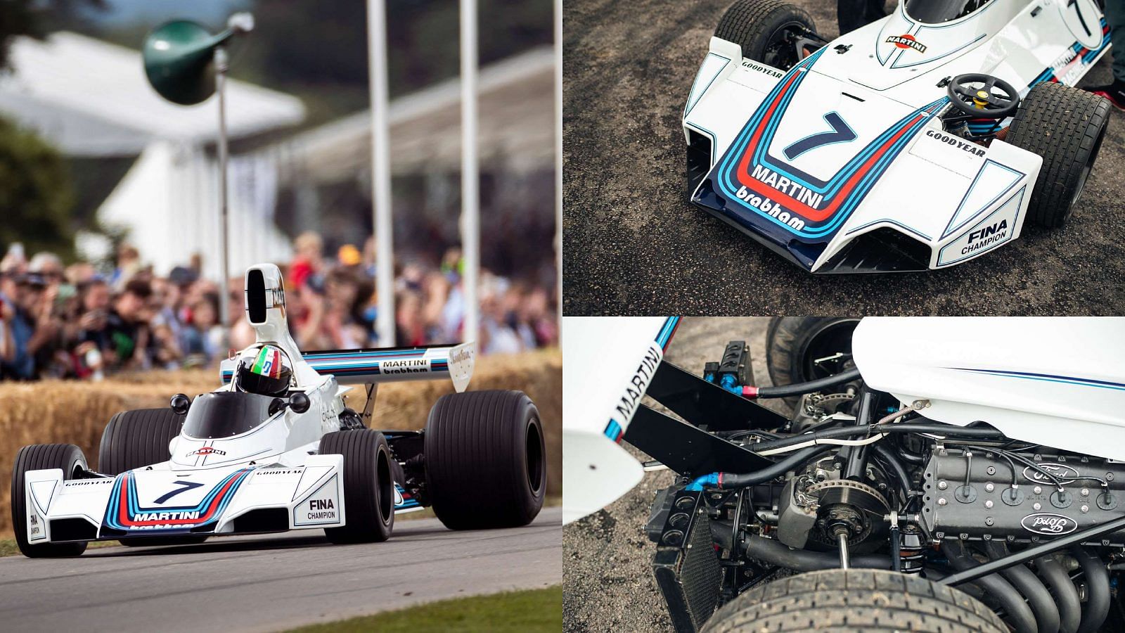 A collage of Gordon Murray's white with red, blue, and black stripes Brabham BT44: The Gamechanger