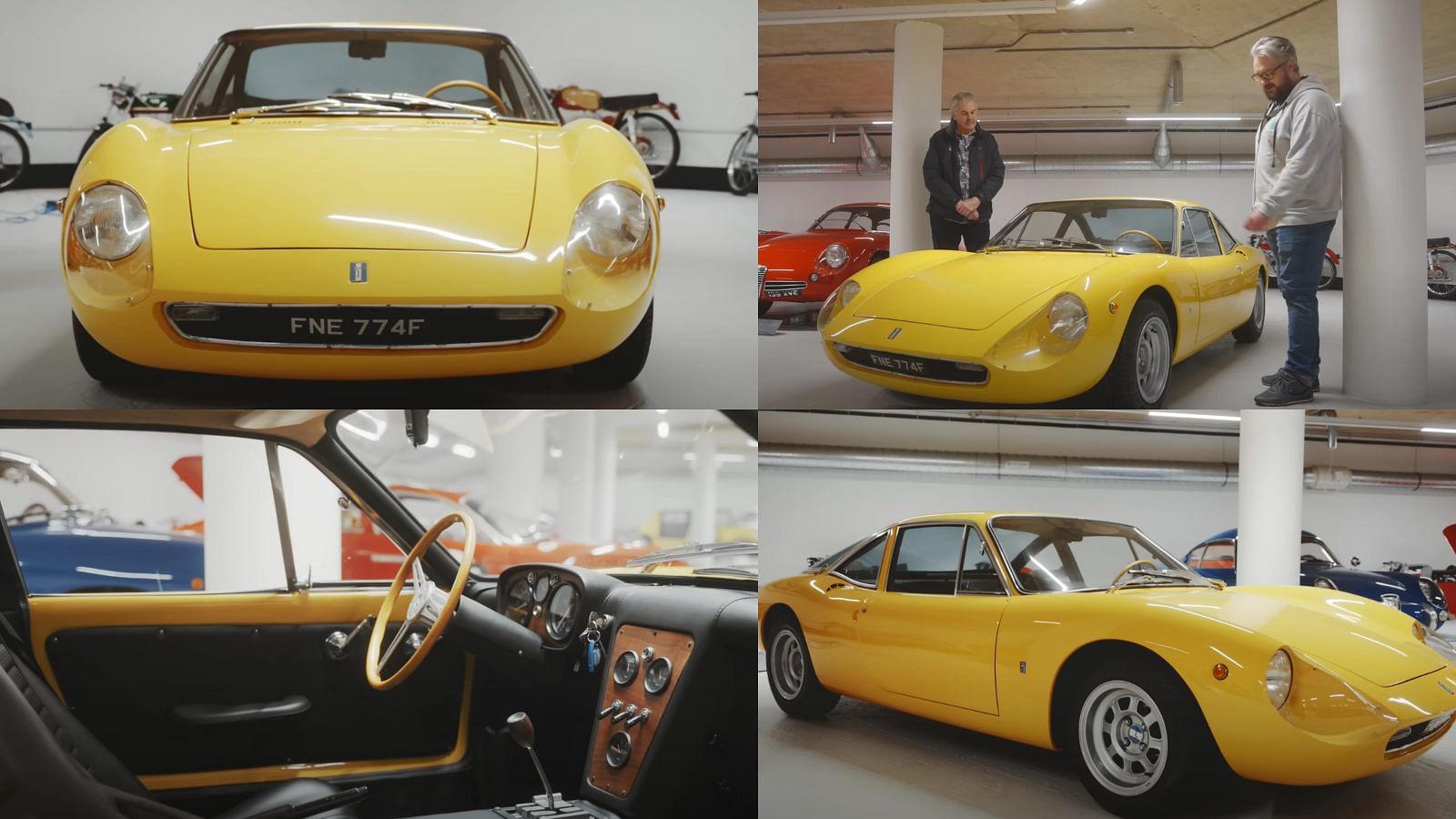 A collage of Gordon Murray and his yellow De Tomaso Vallelunga