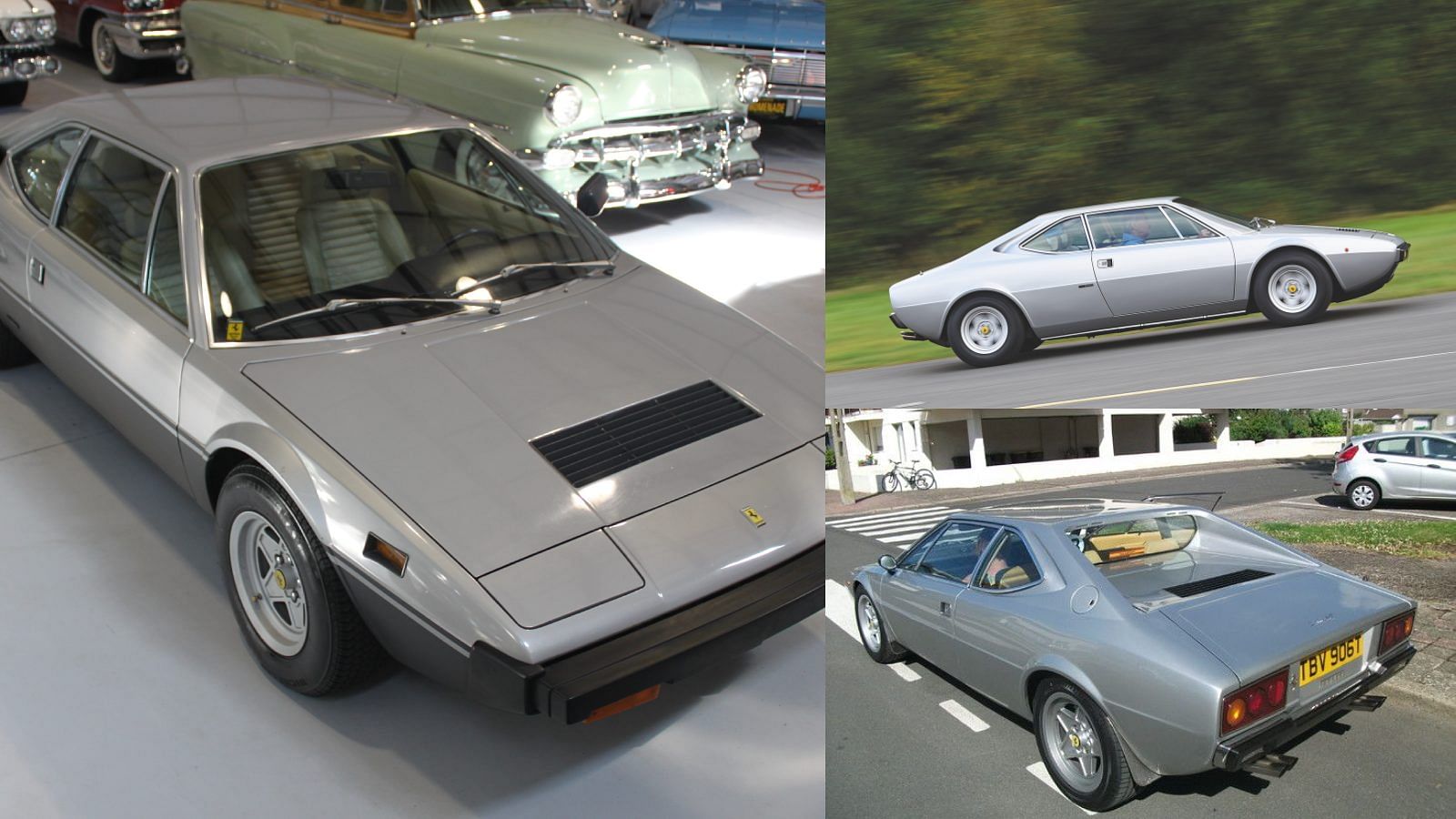 A collage of Gordon Murray's silver Ferrari 308 GT4