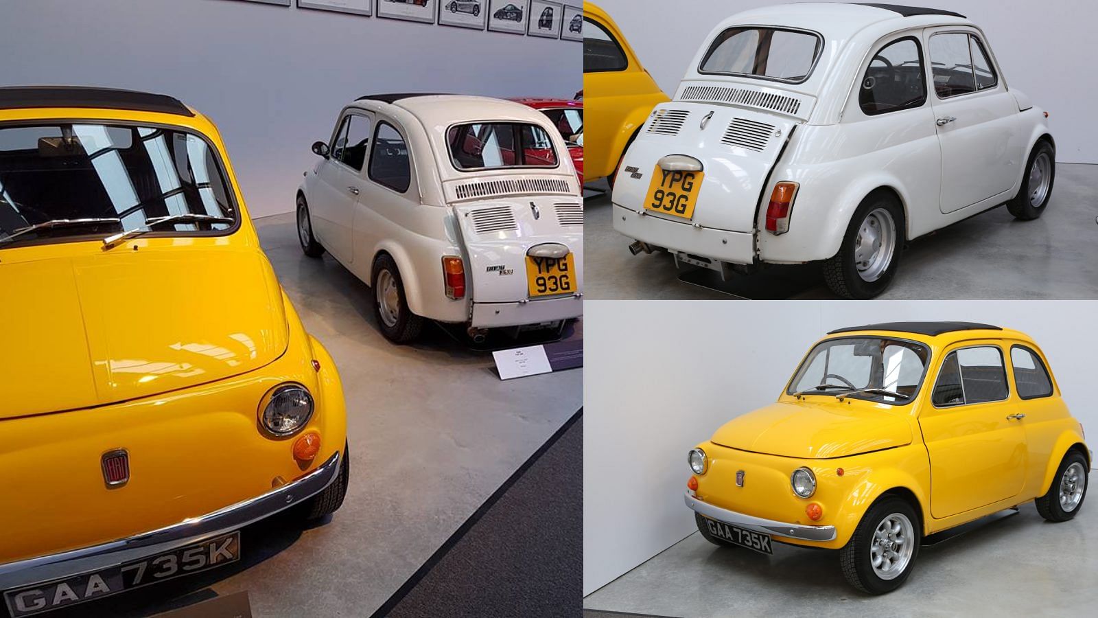 A collage of Gordon Murray's white and yellow Fiat 500