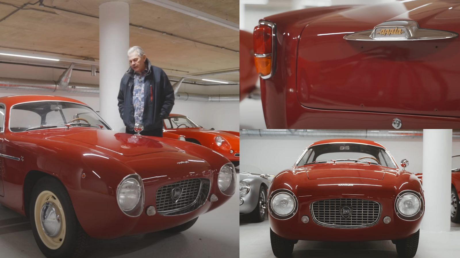 A collage of Gordon Murray and his dark red Lancia Appia with Zagato coachwork