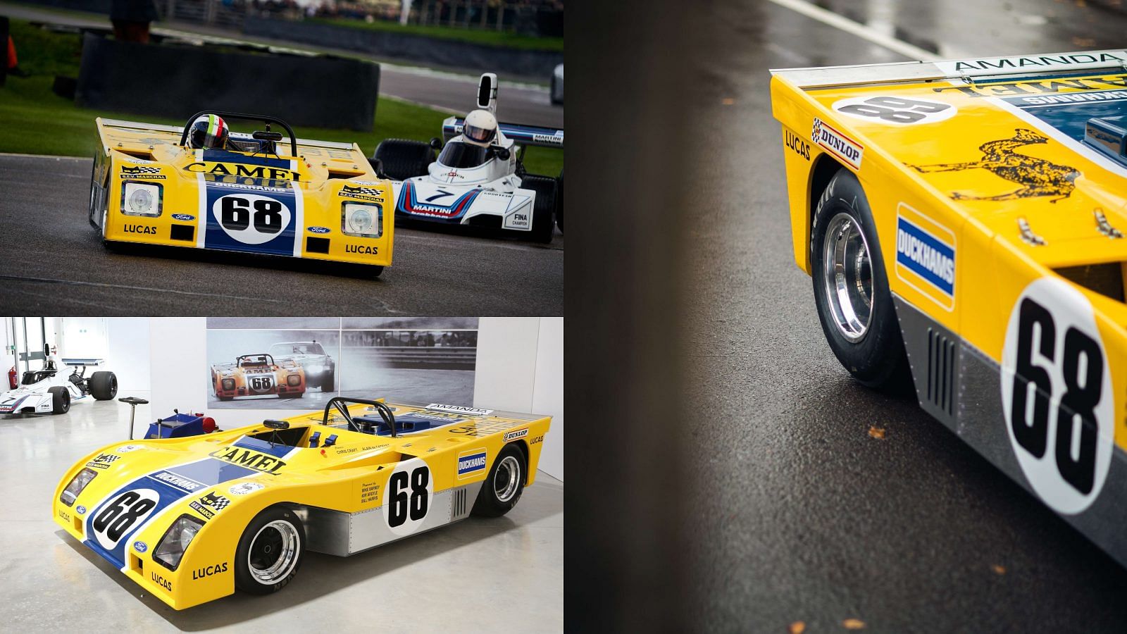 A collage of Gordon Murray's yellow, blue, white and silver Le Mans 3.0-litre prototype