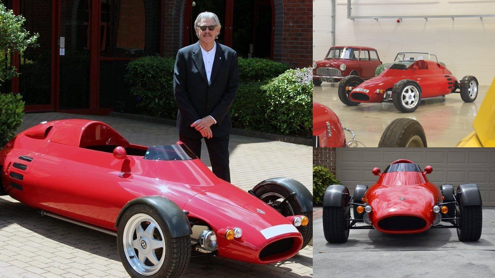 A collage of Gordon Murray standing in front of a red Light Car Company Rock, and two other image of the red vehicle.