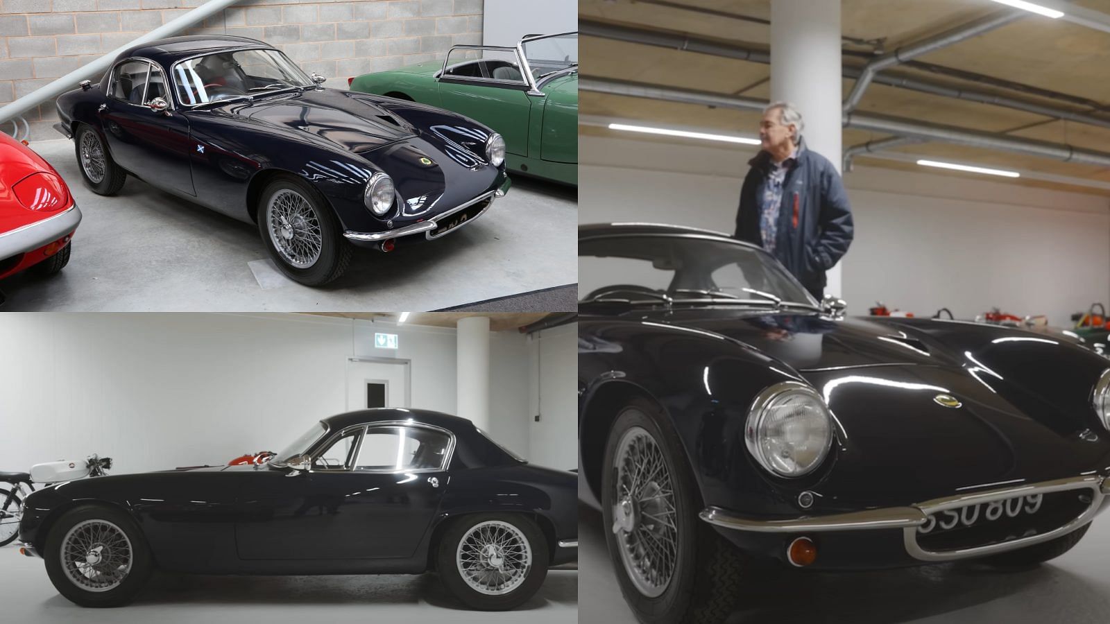 A collage of Gordon Murray and his black Lotus Elite