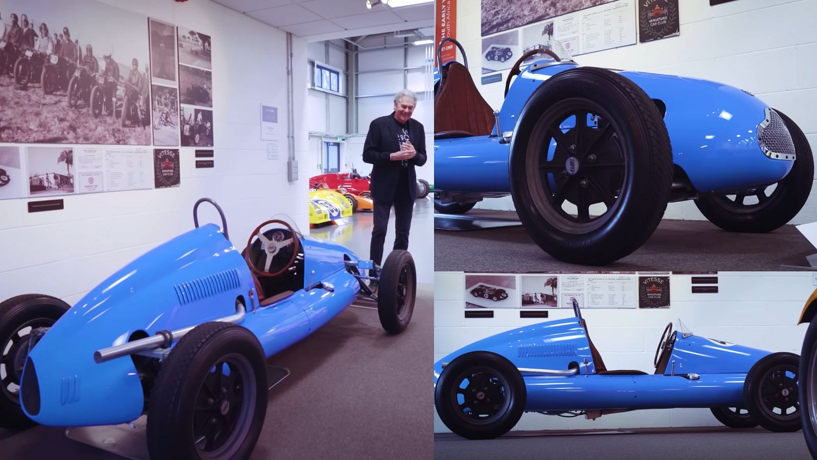 A collage of Gordon Murray and his blue Mark IV Cooper 500