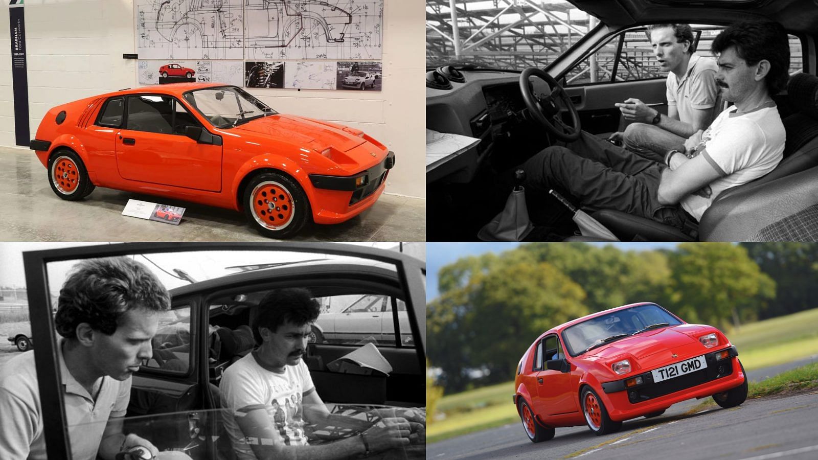 A collage of Gordon Murray inside his Midas, and the exterior of the orange Midas.