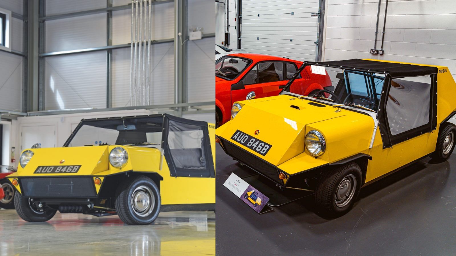 A collage of Gordon Murray's yellow Minibug T2