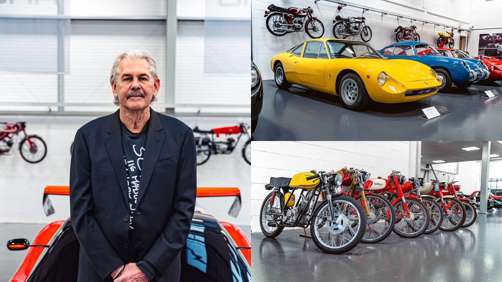 A collage consisting of: Gordon Murray, some of his cars and bikes in his garage.