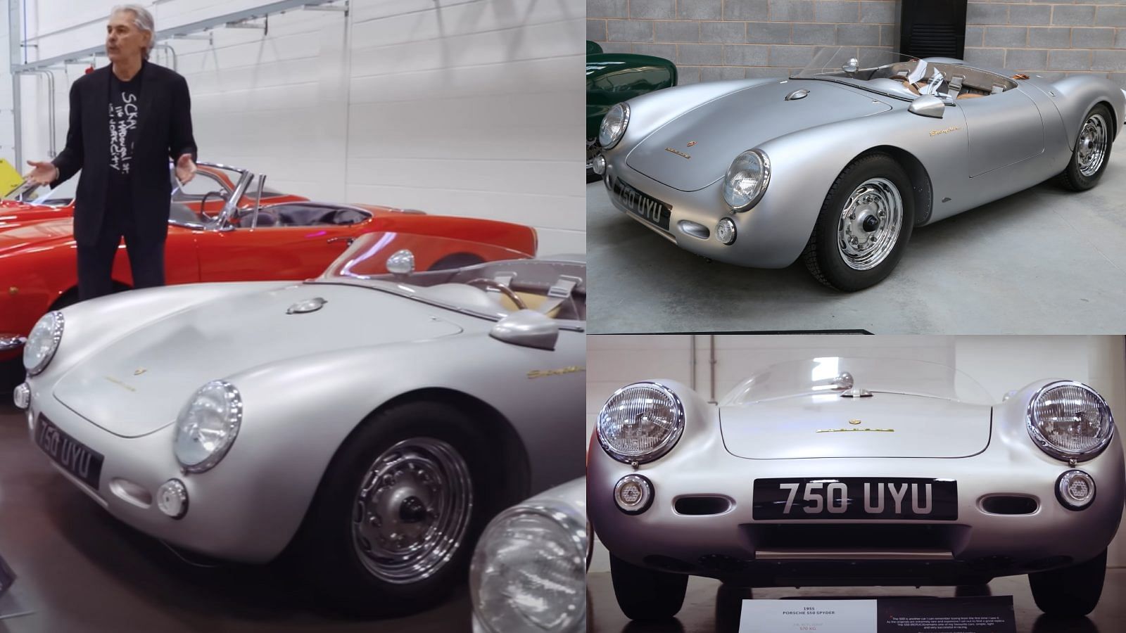 A collage of Gordon Murray standing in front of his silver Porsche 550 Spyder, and two other images of the car