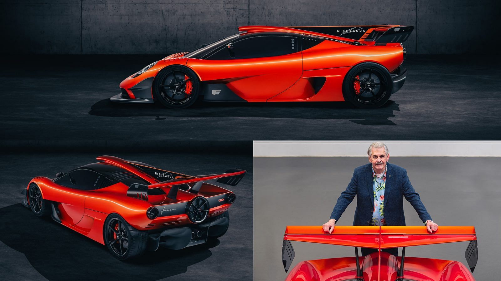 A collage of Gordon Murray and his orange and black Gordon Murray T50s Niki Lauda