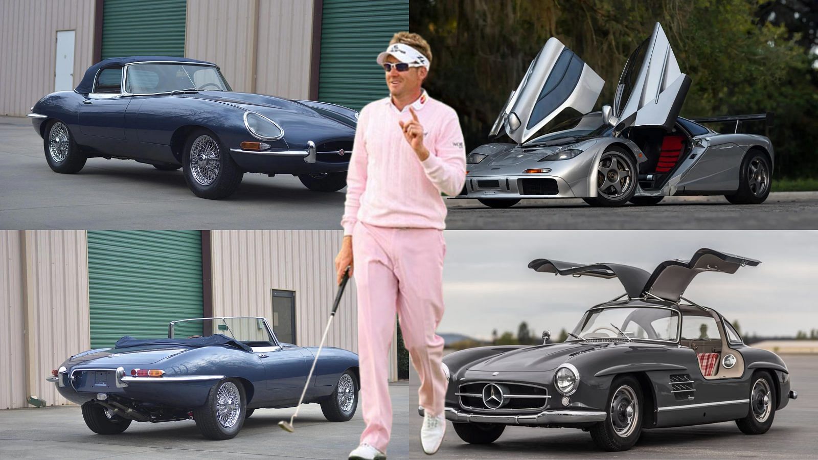 Ian Poulter with the collage of cars including Mclaren F1, Jaguar E-Type, Mercedes Benz 300 SL "Gullwing" he wants to own