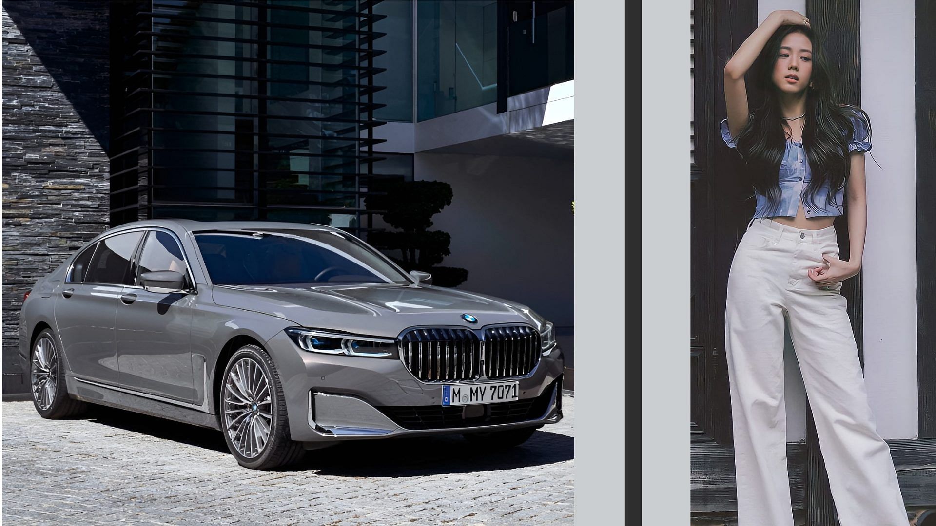 A collage including a grey BMW 7-Series on the left, and Kim Ji-Soo on the right.