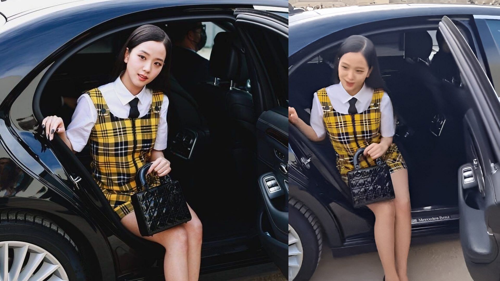 A collage of Kim Ji-Soo getting out of a black Mercedes-Benz S Class