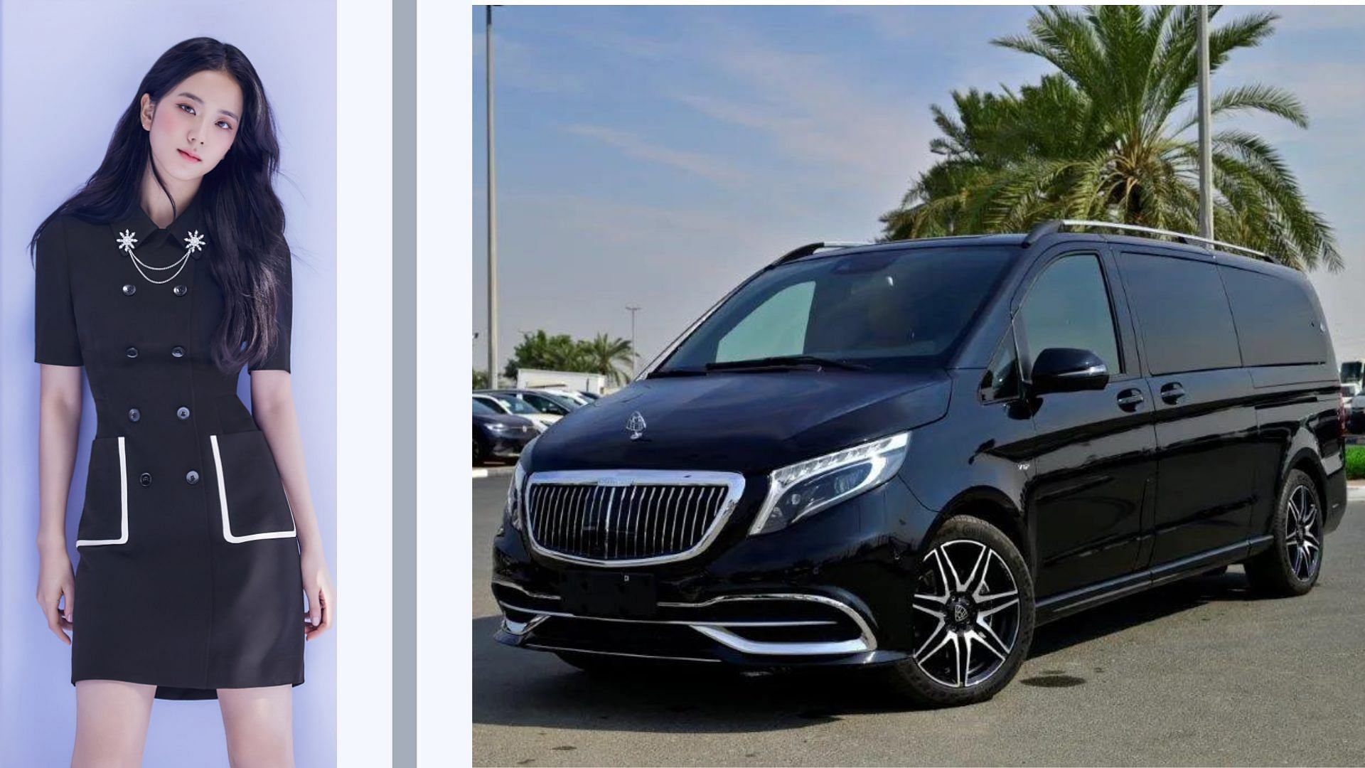 A collage of Kim Ji-Soo on the right, and a black Mercedes-Benz V-Class on the right.