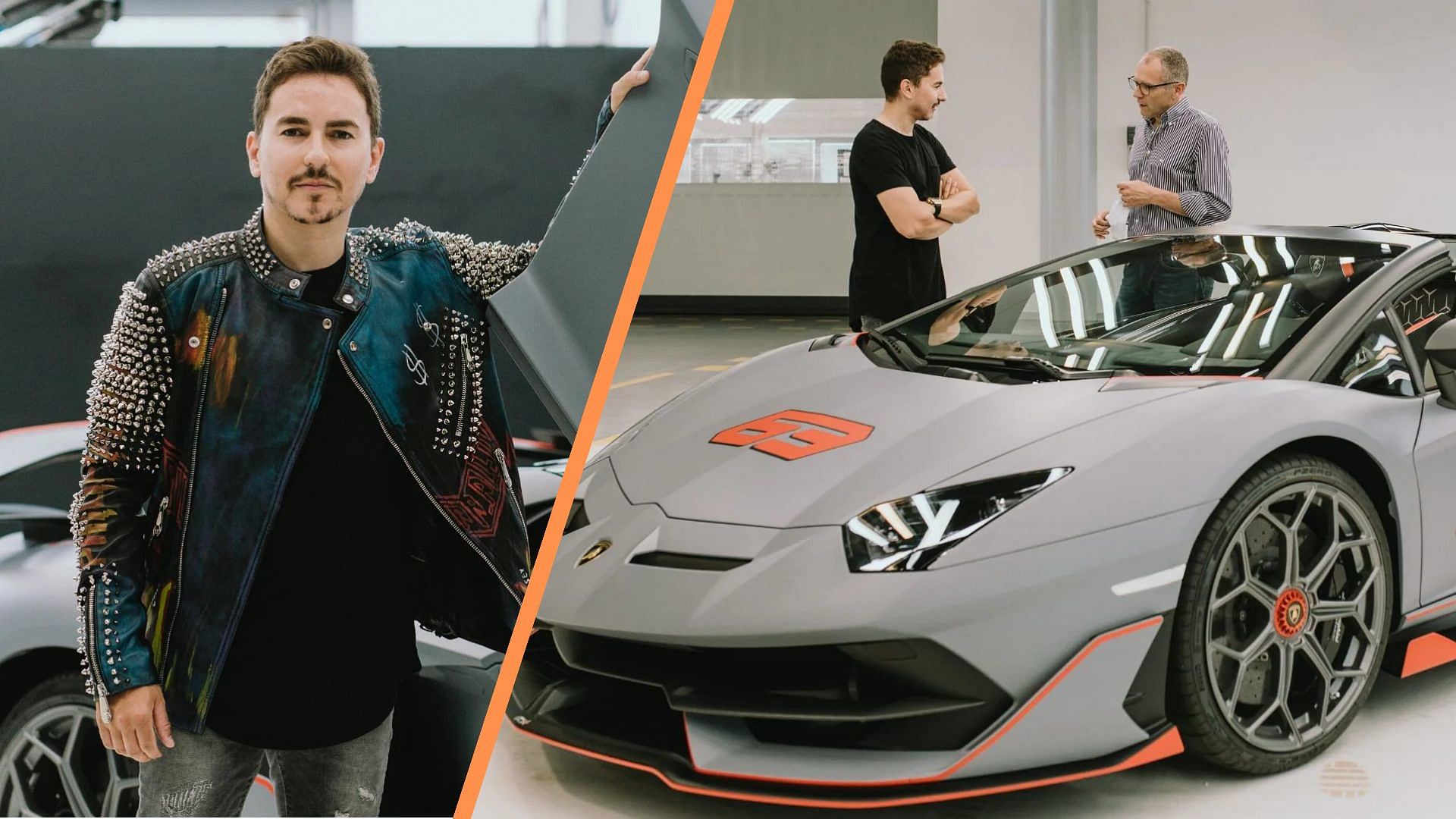 A collage of Jorge Lorenzo: Standing beside and behind a grey and orange Lamborghini Aventador.