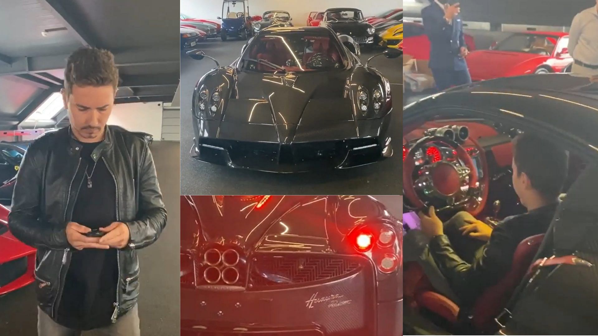 A collage of Jorge Lorenzo, and Pagani Huayra Roadster's interior and exterior.