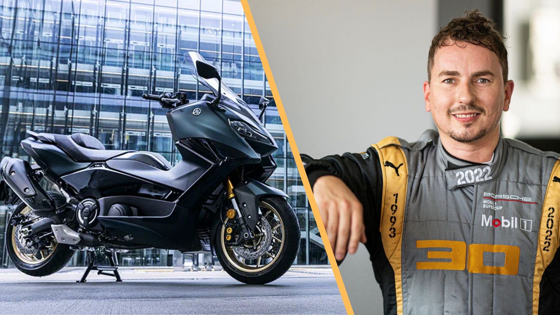 A collage of Jorge Lorenzo and a black Yamaha TMAX