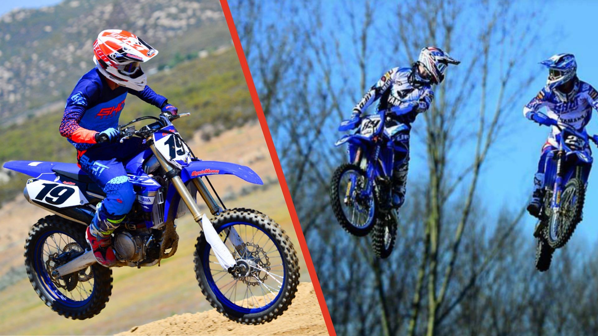 A collage of Jorge Lorenzo performing a stunt with his blue Yamaha YZ450F.