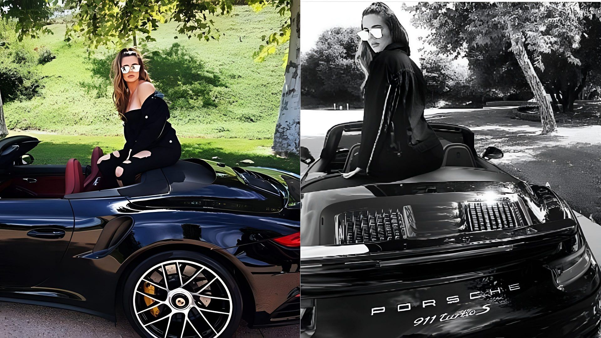 Khloe Kardashian sitting on her Porsche 911 Turbo S Cabriolet