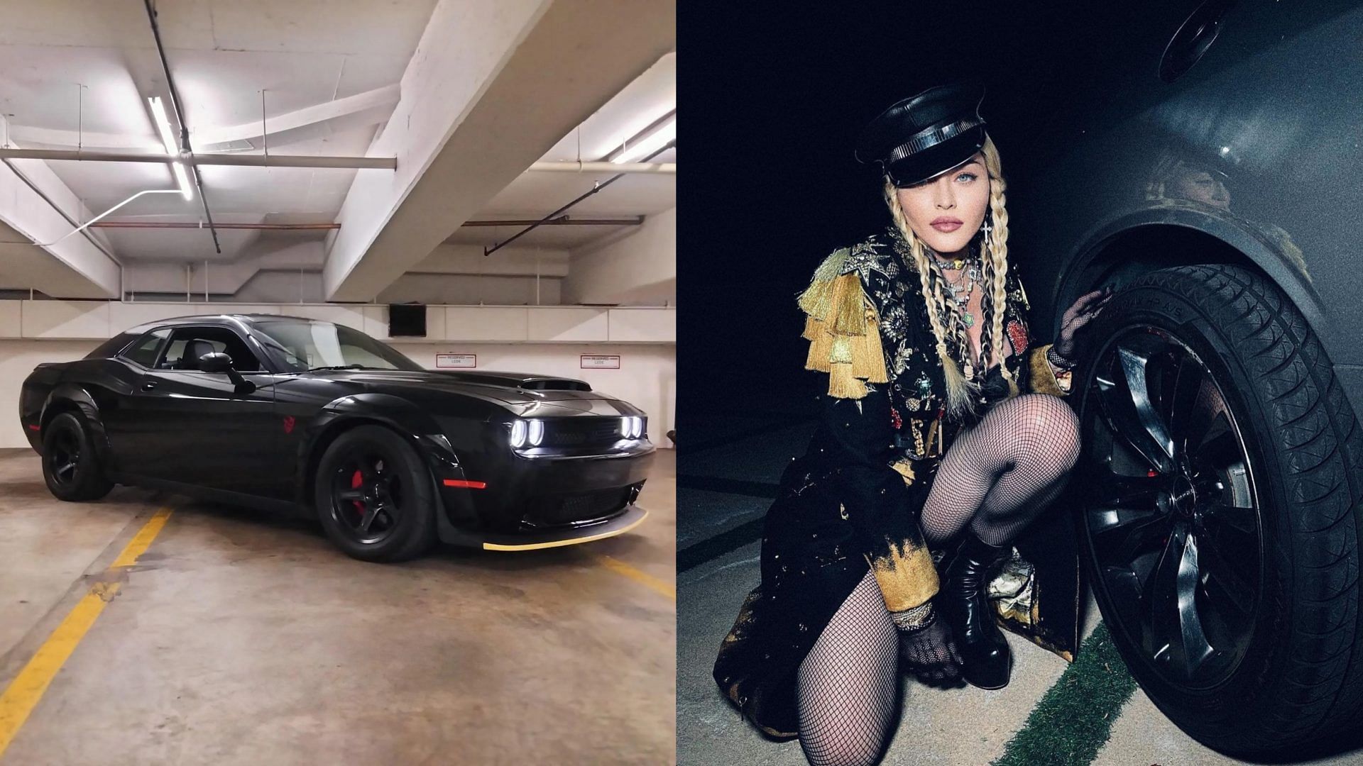 A collage of Madonna on the right image and a black Dodge Challenger SRT Hellcat.