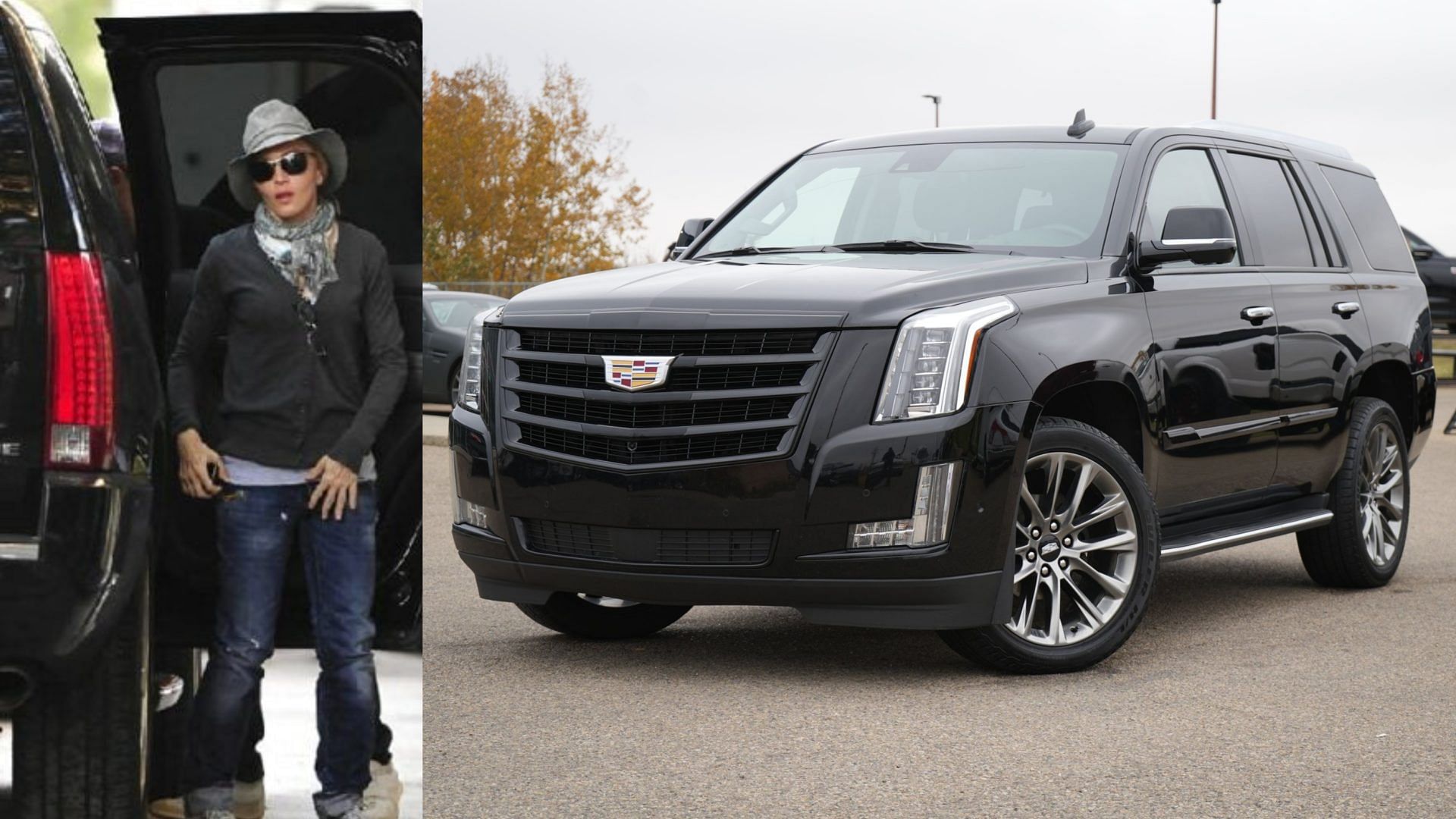 A collage of Madonna a black Cadillac Escalade ESV and Madonna on the left image. 