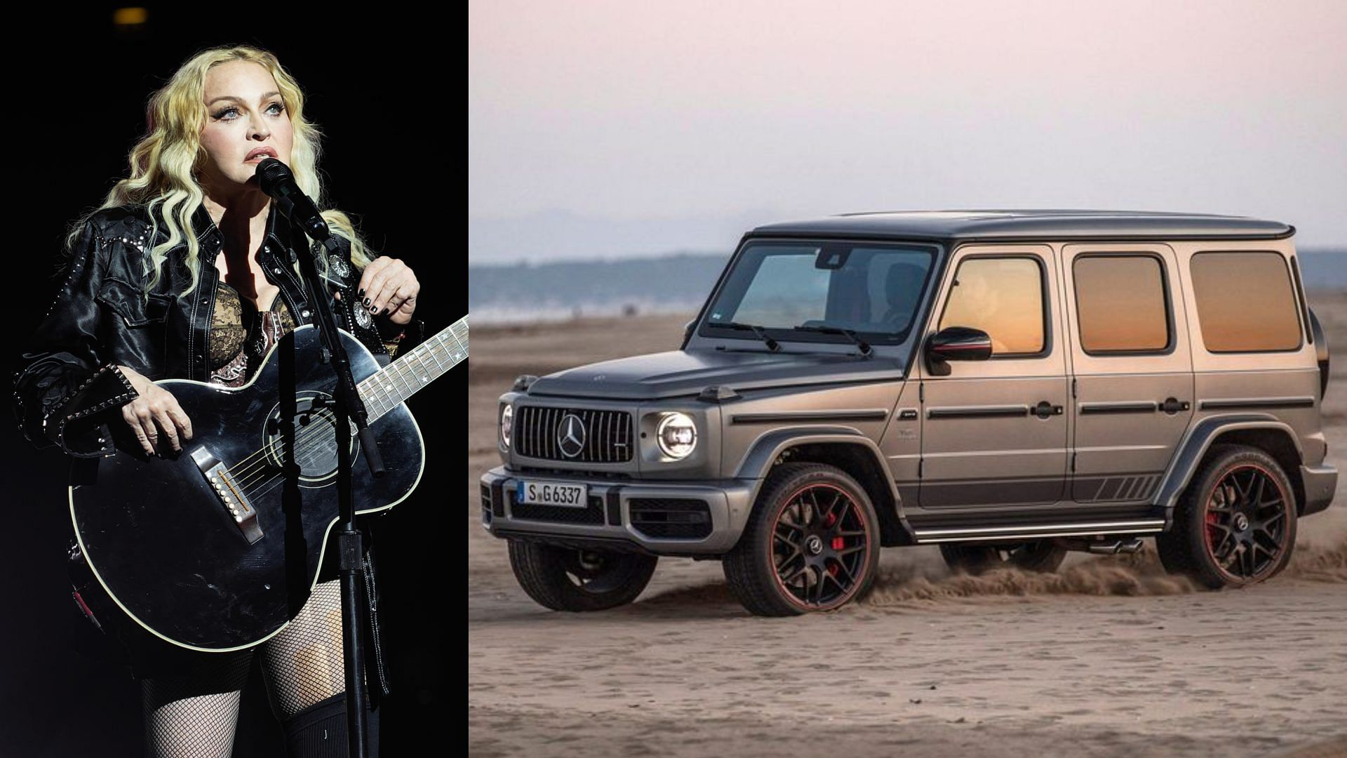 A collage of Madonna on the left image and a dark grey Mercedes-Benz G63 on the right.