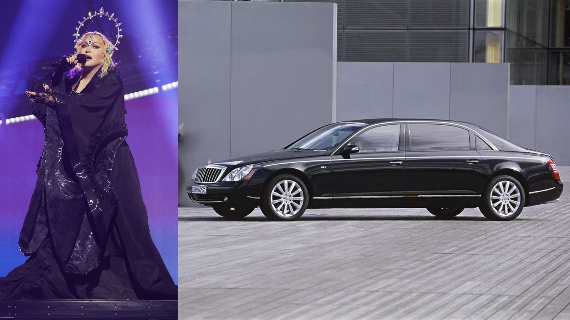 A collage of Madonna on the left, and a black Maybach 62S on the right image.