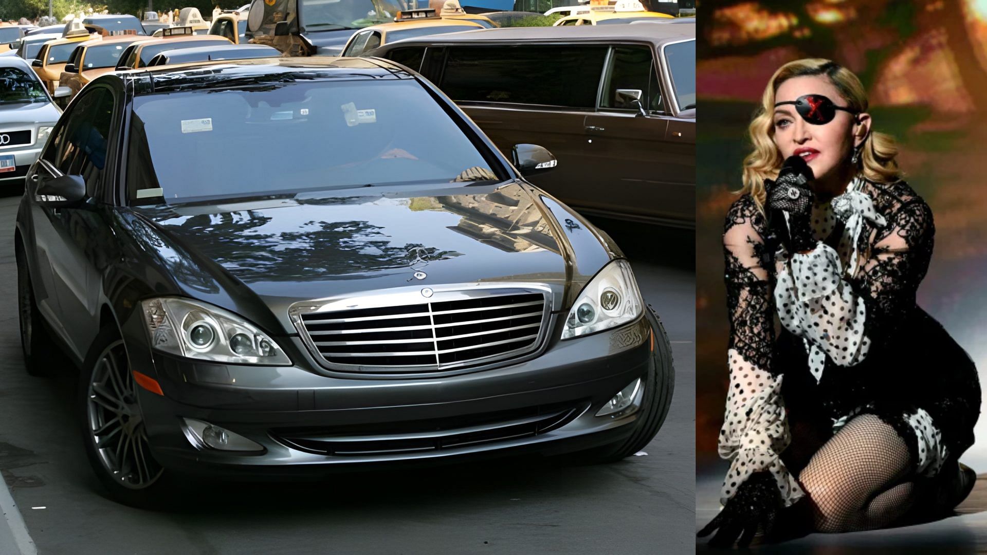 A collage of a dark grey Mercedes-Maybach S550 on the left, and Madonna on the right image.