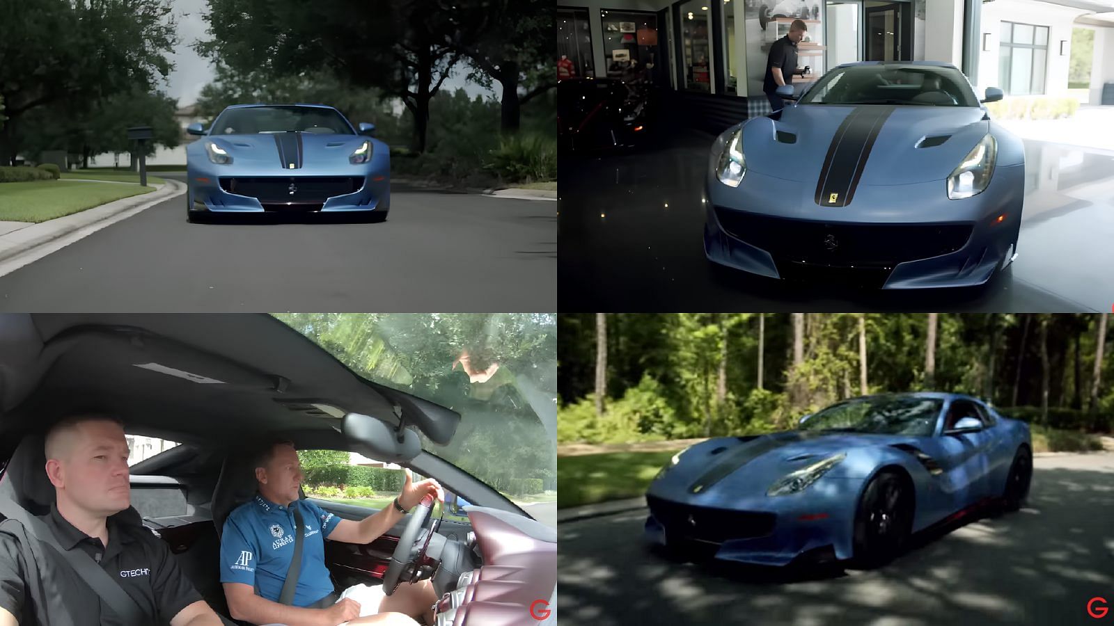 Collage of Ian Poulter with his Matt Blue Ferrari F12tdf