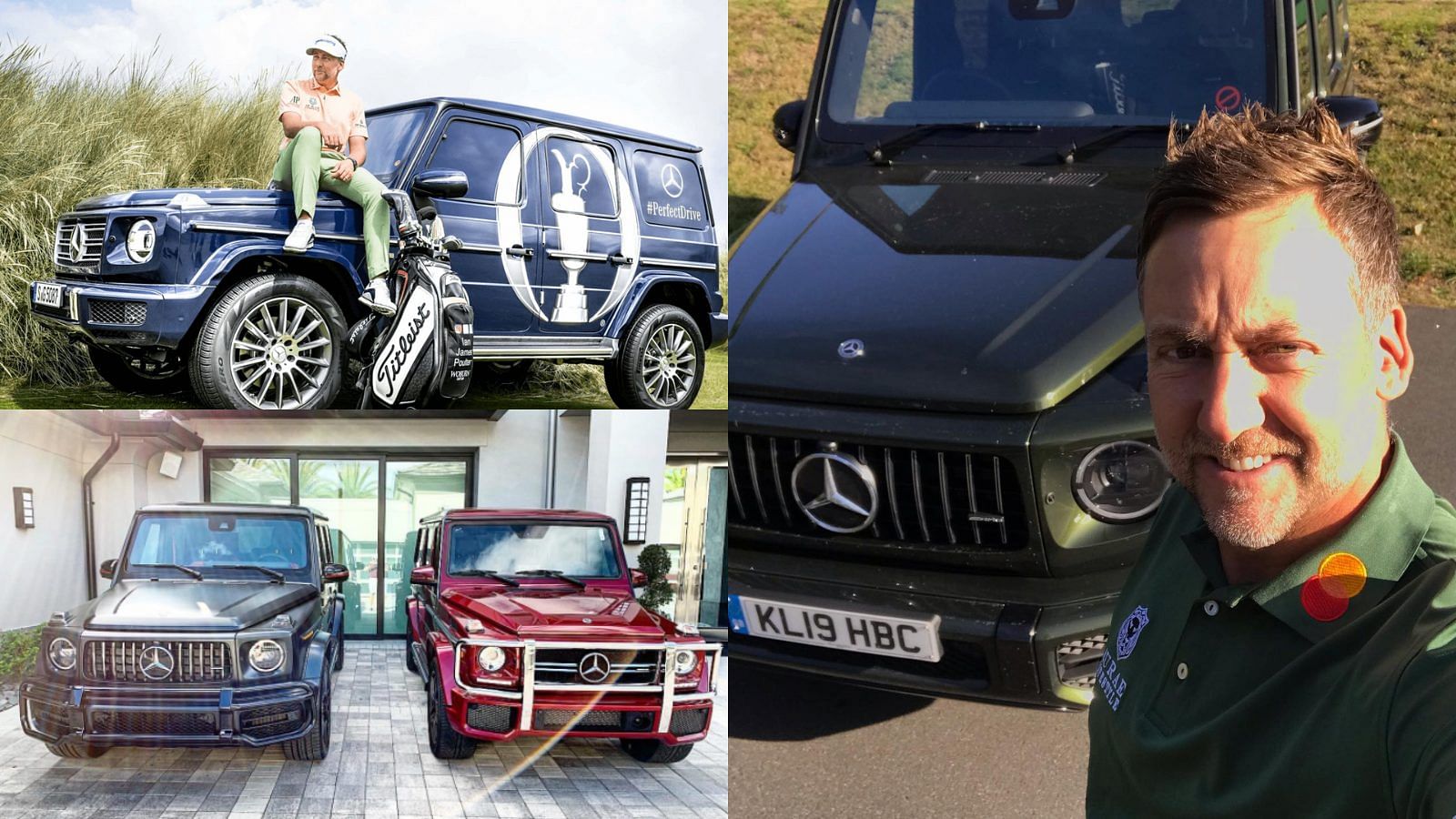 Collage of Ian Poulter with his black and red Mercedes Benz G-Class