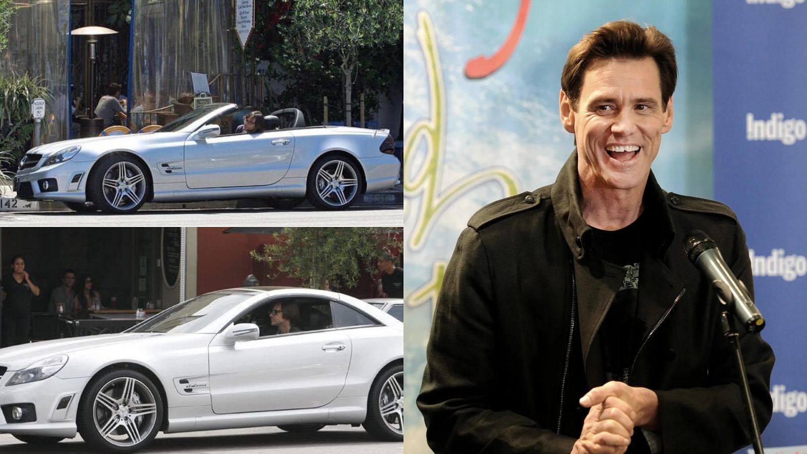 Collage of Jim Carrey driving his silver Mercedes AMG SL 63