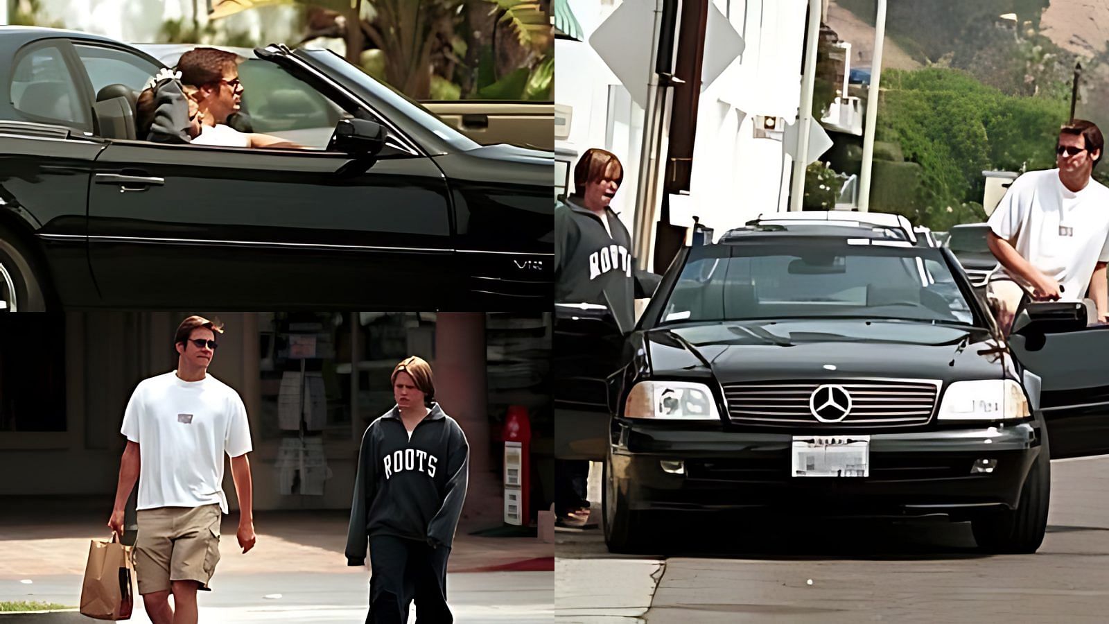 Collage of Jim Carrey driving his blackMercedes-Benz SL-Class (R129)