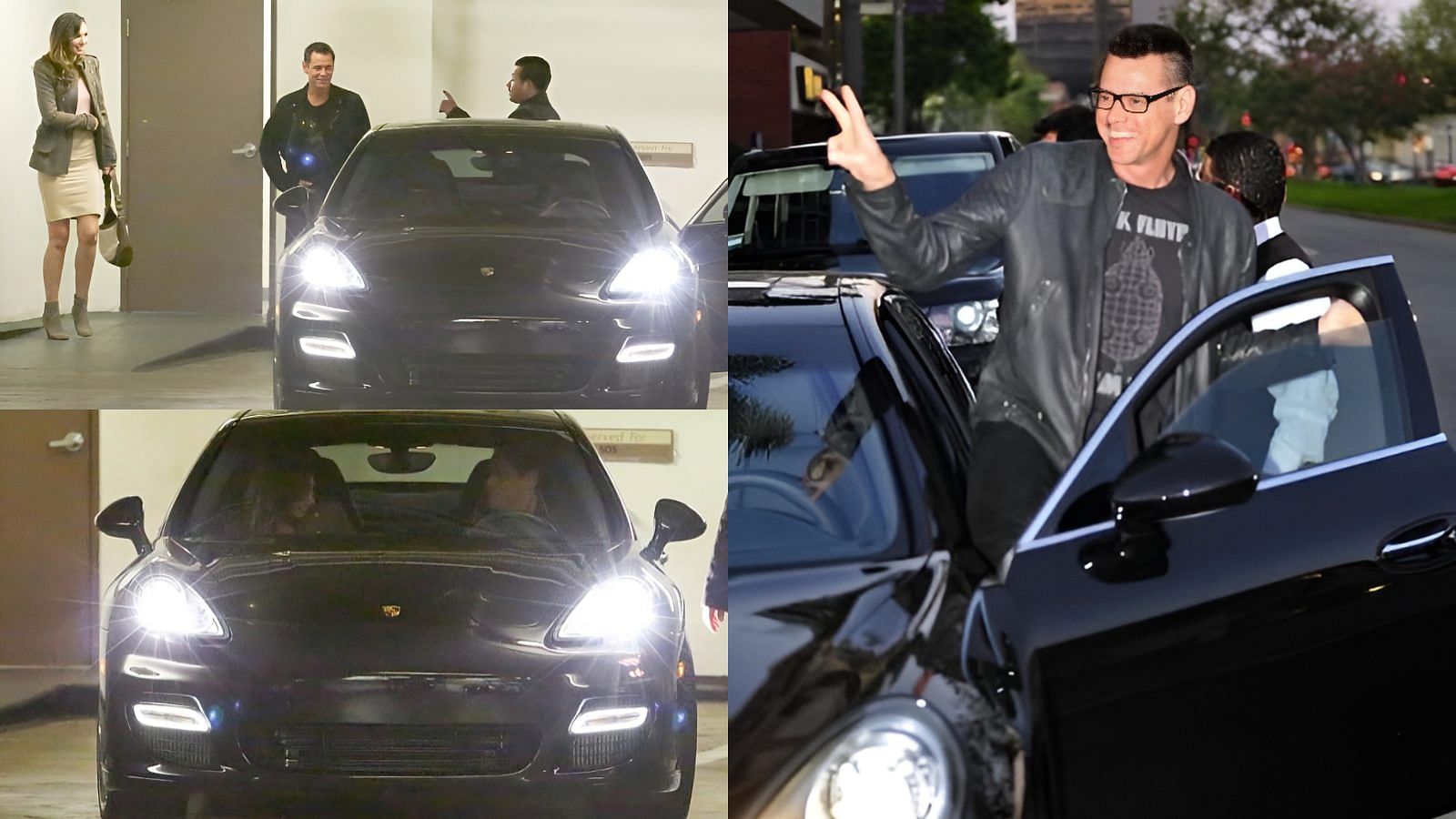 Collage of Jim Carrey driving his black Porsche Panamera Turbo S First Generation