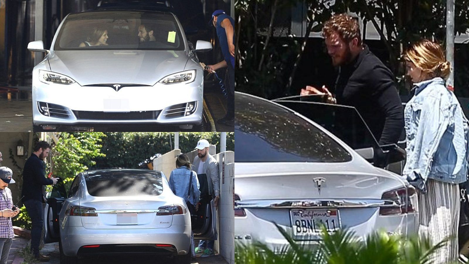 Chris Pratt with his wife and white Tesla Model S